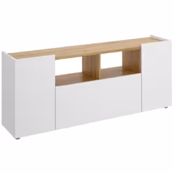 Meuble TV en panneaux de particules mélaminés coloris chêne naturel / blanc laqué brillant. Doté de 2 niches, 2 portes, derri ...