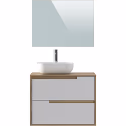 Meuble Salle de Bain 80 cm fabriqué en mélamine chêne méditerranéen et mélamine blanche. 2 grands tiroirs avec une grande cap ...
