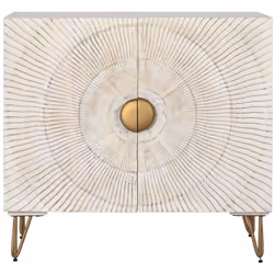 Commode de 2 portes, en bois de manguier blanc et métal doré. Dimensions : Longueur 81 x Profondeur 45 x hauteur 75 cm Matièr ...