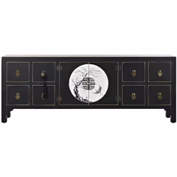Meuble TV en bois de sapin et MDF couleur noir et blanc, de style Chine ancienne, muni de 4 tiroirs et 2 portes; Dimensions : ...