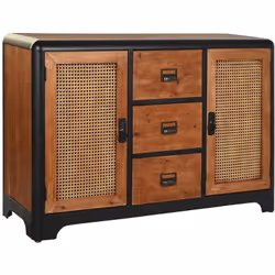Commode en bois de sapin coloris naturel et métal noir, avec 3 tiroirs et 2 portes de style contemporain . Dimensions : Longu ...
