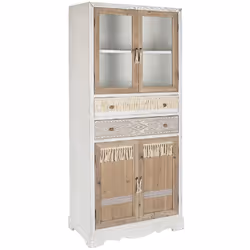 Armoire vaisselier en bois d'épicéa blanc avec motifs ethnique et piètement en bois naturel. Dispose de 2 tiroirs avec poigné ...