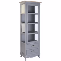 Vitrine en bois de paulownia/MDF coloris gris clair. Dispose de 2 tiroirs avec poignée et une porte vitré derrière laquelle o ...