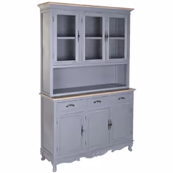 Vitrine en bois de paulownia/MDF coloris gris clair. Dispose de 3 tiroirs avec poignées, 3 portes vitrées en partie haute et  ...