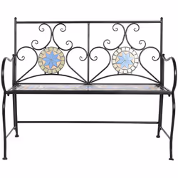 Banc de jardin conçu en métal et céramique multicolore. Pratique et élégante. Dimensions : Longueur 111 x Profondeur 54 x hau ...