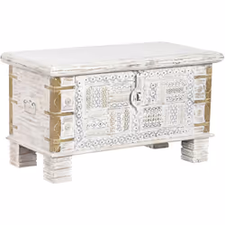 Coffre de rangement fabriqué en manguier et métal coloris blanc Dimensions : Longueur 80 x Profondeur 40 x Hauteur 45 cm Mati ...