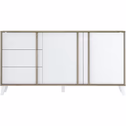 Buffet, meuble de rangement en mélamine coloris chêne et blanc. Facile d'entretien avec un microfibre humide. Dimensions : Lo ...