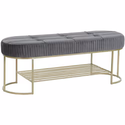 Banquette rectangulaire en polyester gris et métal doré. Dimensions : longueur 120 x Profondeur 40 x hauteur 45 cm Matière :  ...