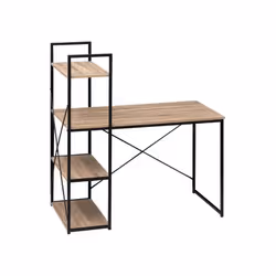 Bureau avec une structure en métal noir. Dispose d'un plateau et 3 tablettes en MDF coloris chêne. Dimensions : Longueur 113 ...