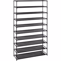 Meuble à chaussures modulable avec 10 étagères tissus (chacune chargeable jusqu'à 2 kg) et une structure en métal noir. Les n ...