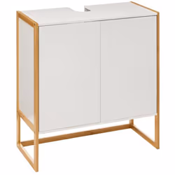 Meuble sous vasque avec encoche pour siphon et 2 portes, derrière lesquelles on trouve 2 étagères. Fabriqué en MDF avec struc ...