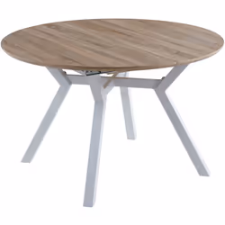 Table à manger ronde extensible en bois coloris chêne, pieds blanc. Extensible grâce à des guides métalliques.Couverture et e ...