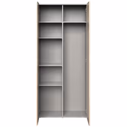 Armoire, meuble de rangement coloris Imitation chêne avec à gauche 4 tablettes et à droite 1 tablette. Livrée en kit. Dimensi ...