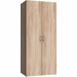 Armoire de rangement avec 2 portes en bois mélamine équipée d' 1 tablette et 1 tringle à vêtement coloris imitation chêne. Li ...