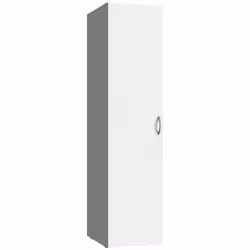 Armoire de rangement avec 1 porte en bois mélamine équipée à l'intérieur d'une tablette et 1 tringle à vêtement coloris blanc ...
