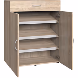 Meuble à chaussures composé de 3 tablettes à l'intérieur et 1 tiroir en bois mélamine coloris imitation chêne. Livré en kit.  ...
