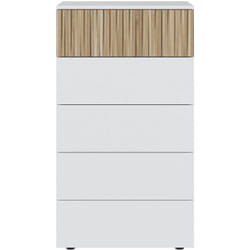 Chiffonnier, meuble de rangement avec 5 tiroirs coloris blanc artic, naturel - longueur 61 x hauteur 109 x profondeur 40 cm