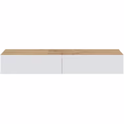 Meuble TV mural et suspendu équipé de 2 portes abattantes et 2 niches coloris chêne nordique, blanc artic avec supports métal ...