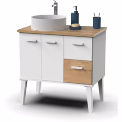 Meuble vasque pour salle de bain coloris blanc, chêne, dispose d'une étagère derrière les portes et de 2 tiroirs. Fabriqué en ...