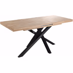 Table à manger rectangulaire en bois coloris chêne. Plateau et rallonges en bois de chêne nordique. Pieds en métal noir. Dime ...