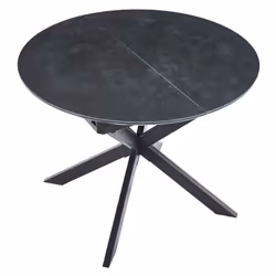 Description générale Table à manger ronde extensible avec une finition en céramique noire et des pieds en métal noir. Cette t ...