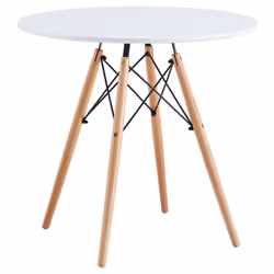 Table à manger ronde avec plateau coloris blanc mat. Pieds en bois coloris hêtre. Dimensions : diamètre 80 x hauteur 75 cm Ma ...