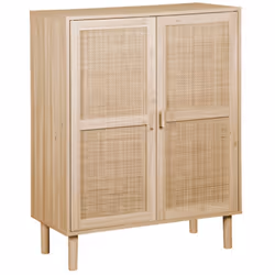 Armoire basse, placard équipée de 2 portes en décor pin coloris naturel avec panneaux décoratifs en rotin. Pieds en décor de  ...
