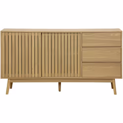 Buffet, meuble d'entrée avec 2 portes coulissantes et 3 tiroirs coloris naturel. Pieds en bois. Glissières métalliques dans l ...