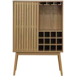 Buffet haut avec range bouteille avec 1 porte coulissante à lattes décoratives en bois coloris naturel. Capacité de rangement ...