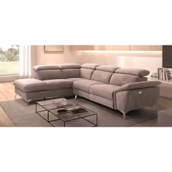 Canapé d'angle avec 1 relax électrique avec coffre couleur Gris clair angle à gauche. * Dimensions Dimensions = L 273 x P 212 ...