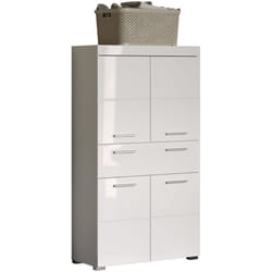 Pegane - Commode de rangement avec 4 portes de salle de bain coloris blanc brillant, blanc mat - Longueur 73 x hauteur 132 x profondeur 31 cm