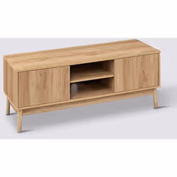 Meuble TV en bois avec 2 portes et 2 niches de rangement coloris Beige. A monter soi-même. Dimensions : Longueur 120 x Profon ...