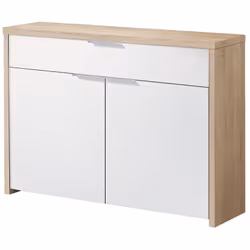 Table console, meuble console avec 2 portes et 1 tiroir coloris chêne cambrian, blanc en panneaux de particules mélaminés. Pr ...