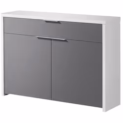 Table console, meuble console avec 2 portes et 1 tiroir coloris blanc, gris en panneaux de particules mélaminés. Produit de f ...