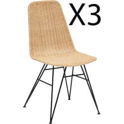 Lot de 3 chaises de salle à manger en bois de rotin coloris beige et pieds coloris noir - Longueur 46,5 x Profondeur 53 x Hauteur 86 cm Pegane