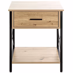 Console en tube d'acier peint par poudrage en noir, étagères et tiroir en MDF décor chêne clair avec accents de couleur. Dime ...