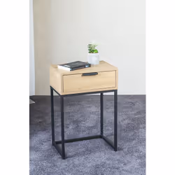 Console en tube d'acier peint en noir par poudrage, corps et tiroir en panneau de particules avec décor chêne clair avec acce ...