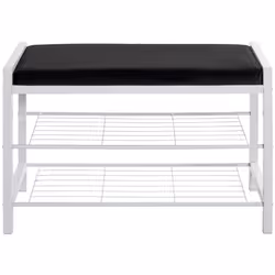Banc en tube d'acier peint par poudrage en blanc et 2 étagères pour environ 6 paires de chaussures, assise rembourrée en tiss ...