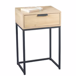 Console en tube d'acier peint en noir par poudrage, corps et tiroir en panneau de particules avec décor chêne clair avec acce ...