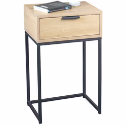 Console en tube d'acier peint en noir par poudrage, corps et tiroir en panneau de particules avec décor chêne clair avec acce ...