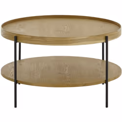 Table basse ronde en bois coloris chêne et structure en métal coloris noir Mat. Equipée d'une étagère. Dimensions : diamètre  ...
