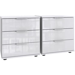 Lot de 2 tables de chevet, table de nuit avec 3 tiroirs coloris blanc, verre blanc - Longueur 104 x Hauteur 58 x Profondeur 38 cm