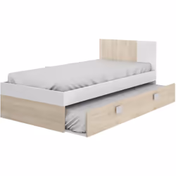 Lit adulte fabriquée en bois mélaminé coloris blanc, chêne naturel avec 1 tiroir. Matelas et sommier non inclus. Dimensions d ...