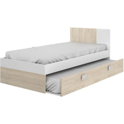 Lit adulte coloris blanc, chêne naturel avec 1 tiroir - Longueur 196 x Profondeur 97 x Hauteur 79 cm