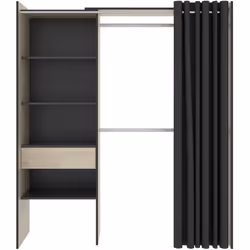 Armoire dressing fabriquée en bois mélaminé avec penderies, 1 tiroir et 1 rideau coloris chêne naturel, graphite. Dimensions ...