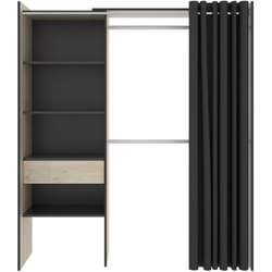 Armoire dressing avec penderies, 1 tiroir et 1 rideau coloris chêne naturel, graphite - Longueur 160 x Profondeur 50 x Hauteur 205 cm