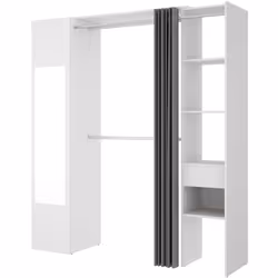 Armoire dressing avec 1 colonne équipée d'une porte, d'un miroir et un rideau. Fabriquée en bois mélaminé. Dimensions : Longu ...