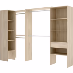 Ce kit armoire dressing fabriqué en bois mélaminé est composé de 2 meubles, placés côte à côte de manière à former un coin. M ...