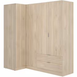 Armoire d'angle, meuble de rangement fabriquée en bois mélaminé coloris chêne naturel. Equipée de 4 portes pliantes et 2 tiro ...