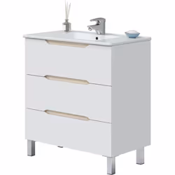 Meuble de salle de bain 80cm avec 3 tiroirs sans poignée coloris blanc en panneaux mélamine épaisseur 15mm. Lavabo et miroir ...